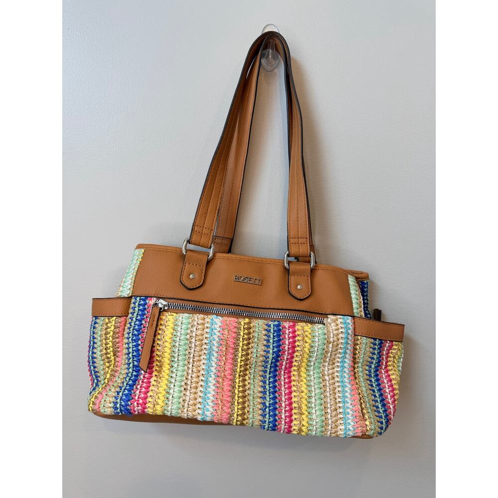 Rosetti Boho Rainbow Striped Woven Crochet Shoulder Bag Tan